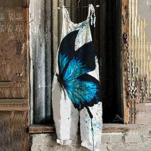 Mono holgado de pierna ancha para mujer Casual Vintage con estampado de mariposas ajustable mono mono mono mono Mujer