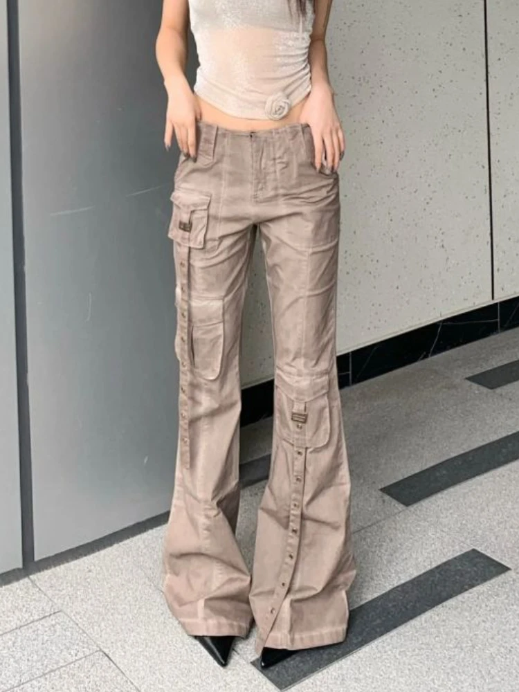 America Spice Girl Style Brown Cargo Pants Women Autumn New Y2k Millennium Jans Female Low-rise Micro-flared Floor-length Pants