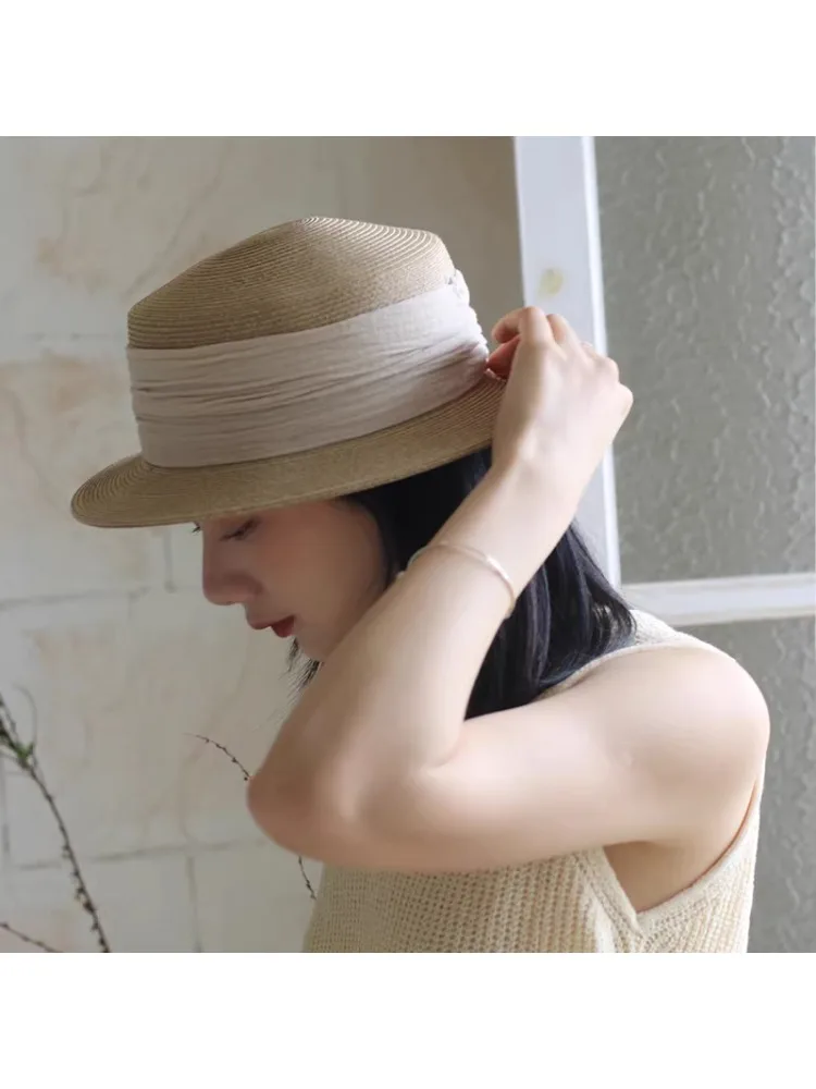 Native Paper Straw Sun Protection Hat Women's Light Flat Top Outdoor Travel Sunshade Small Gift Hat Breathable Adjustable Band
