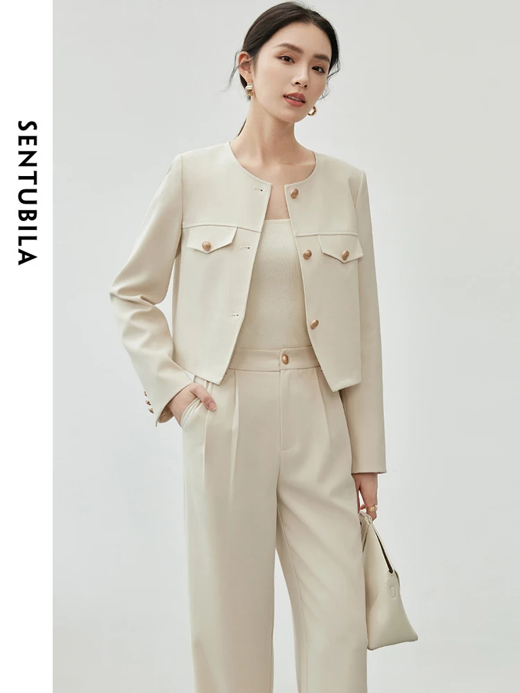 SENTUBILA Women Texture Two Piece Pant Set 2024 Autumn Round Neck Short Jacket Straight Folds Full Length Pant Set 143Z56688