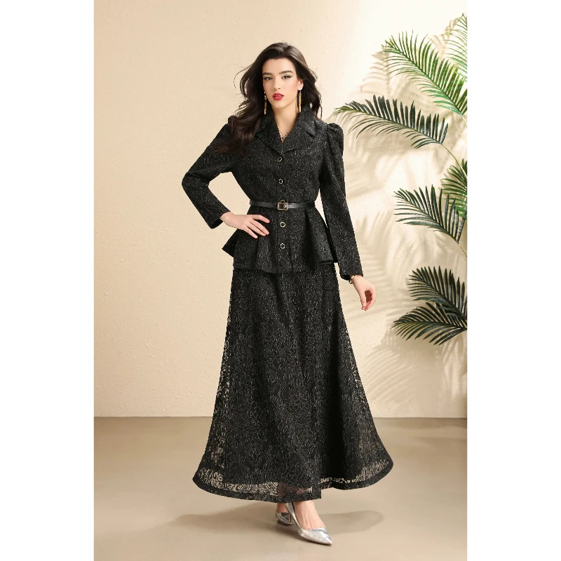 Women Lace Blazer Maxi Skirt Set Elegant Notched Collar Single Breasted High Waist Two Piece Formal Party Outfit Vintage Style