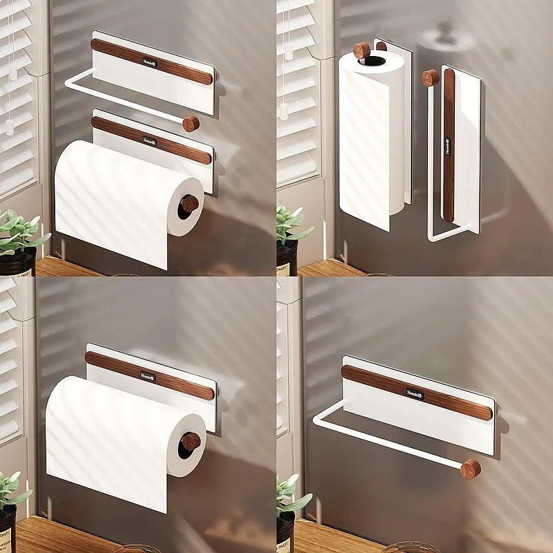 

Walnut Kitchen Paper Towel Holder Wall Mount Magnetic Side Fridge No Drill Wrap Storage