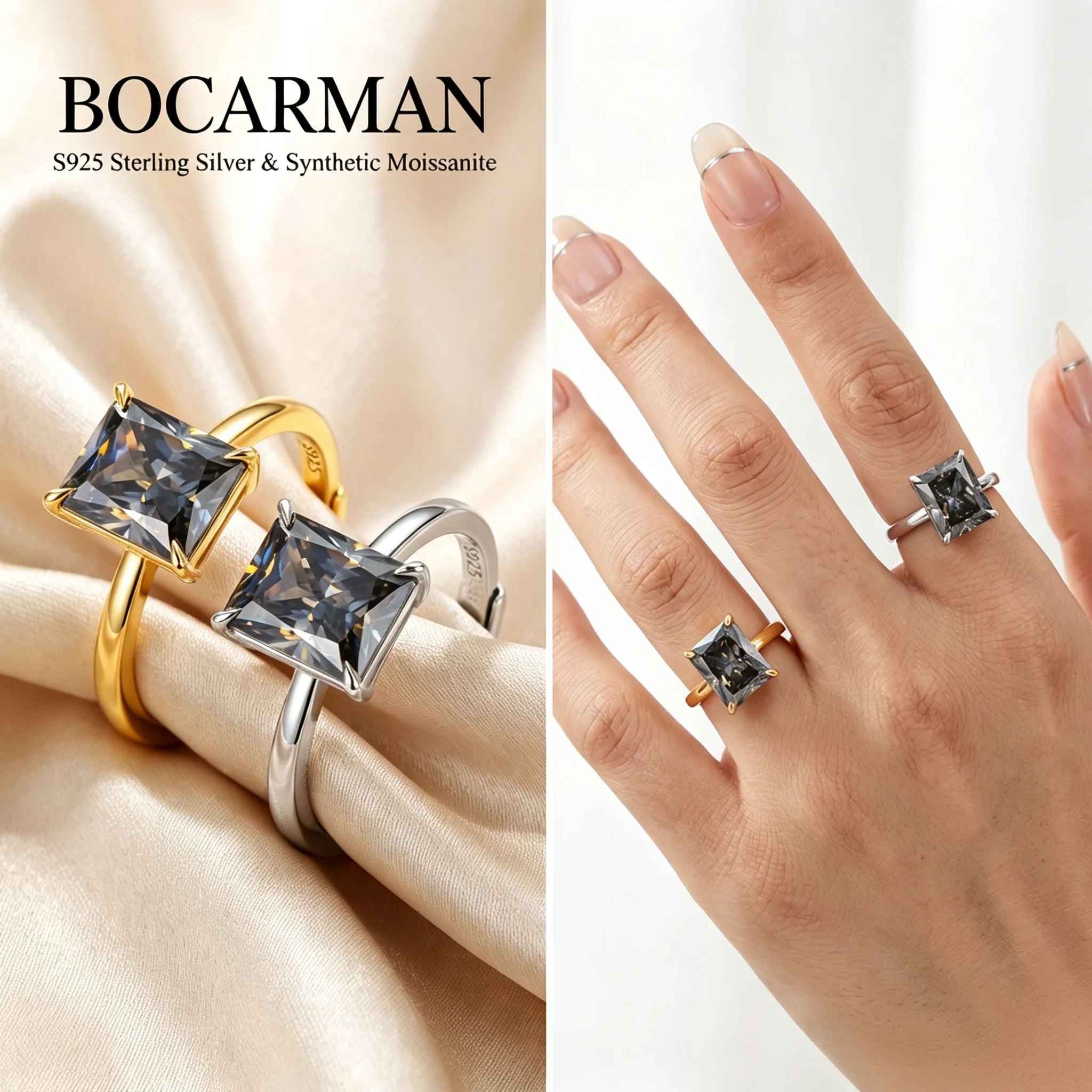 BOCARMAN Radiant Cut Color Moissanite Ring S925 Silver Sparkling Faceted Band Magnificent Jewelry for Women