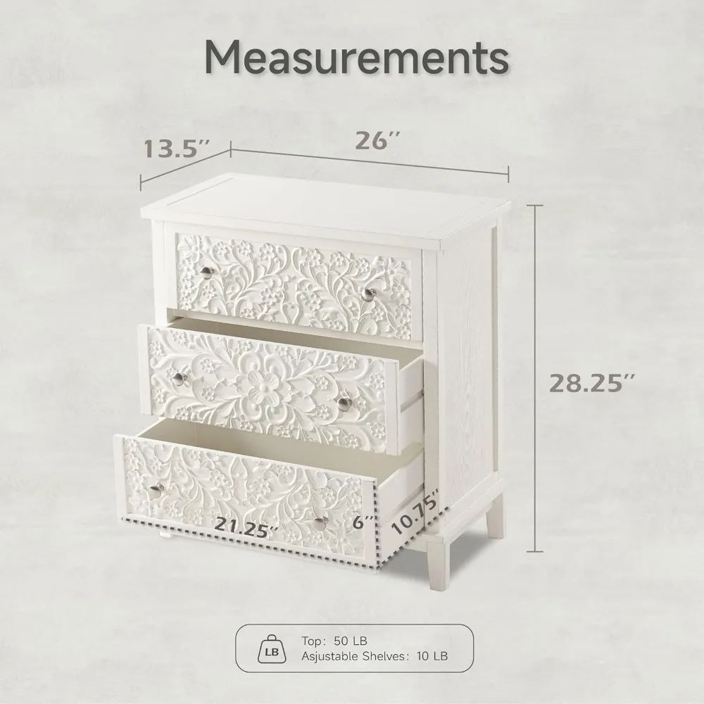 3-Drawer Fully-Assembled Flower Motif Dresser for French Country, Farmhouse, Modern, Rustic Style,Distressed Finish,White-Washed