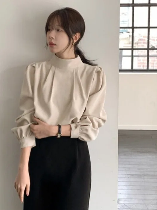 Ele Korean Sle Damska bluzka z długim rękawem, stójką, delikatnie plisowana, uniwersalna, codzienna, modna na wiosnę, lato i jesień.