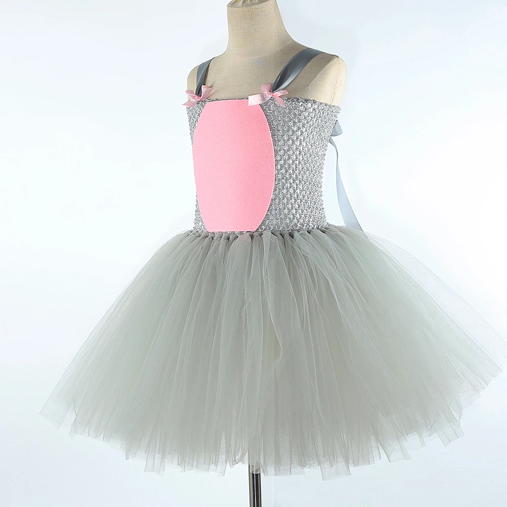 Baby Girls Pink Gray Mouse Costumes for Kids Toddler Grey Rat Tutu Dress with Ears Bow Tie Tail Children Animal Halloween Outfit