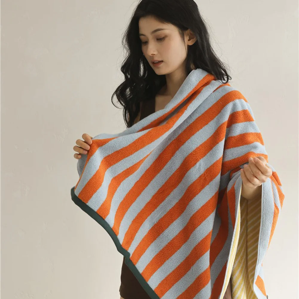 Autumn Winter Striped Wash Towel Soft Adult Absorbent Bath Beach Hotel Towel Retro Striped Pure Cotton Bathroom Towels for Women