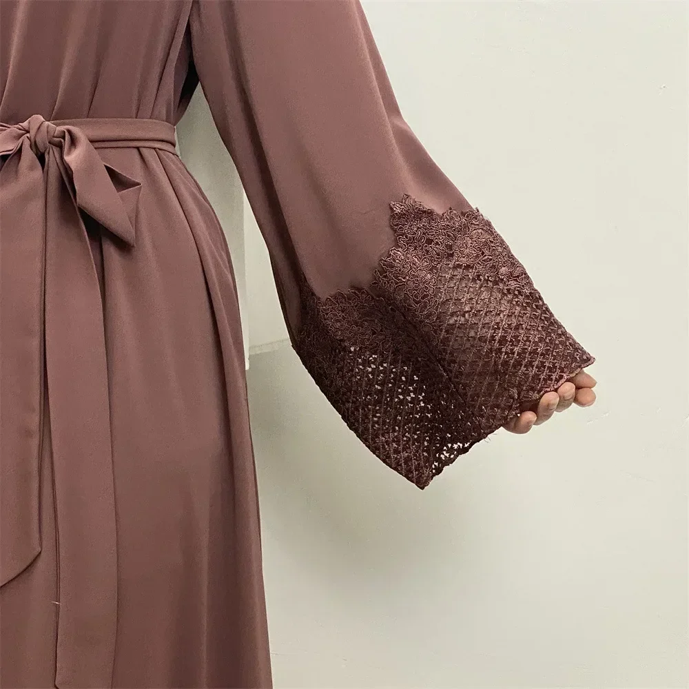 Abaya marocain de dubaï, couleur unie, broderie, manches longues, ample, robe arabe du Ramadan pour femmes musulmanes, robes à lacets, 2023