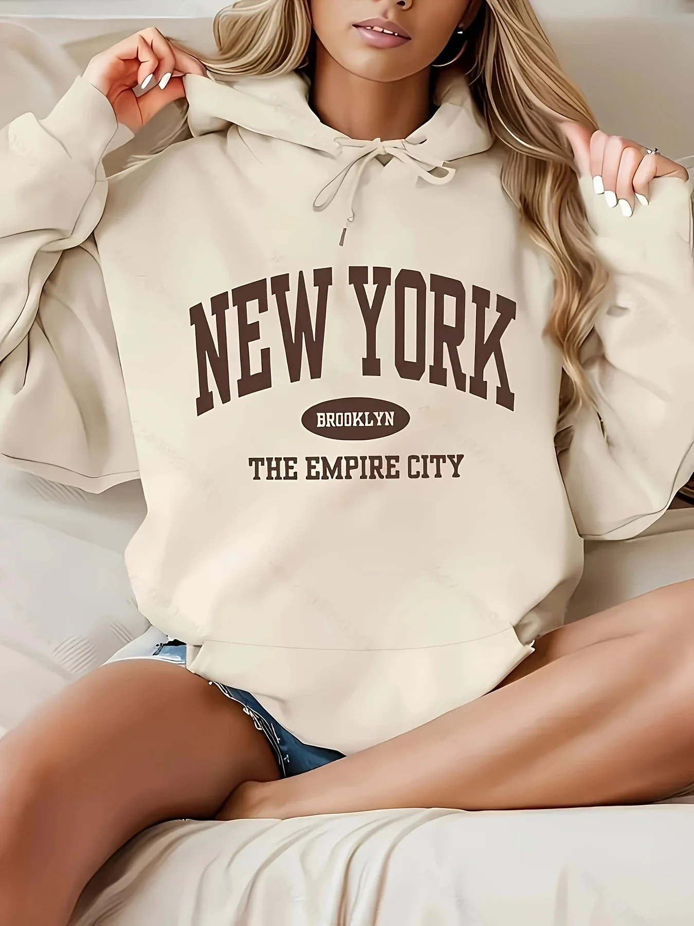 Women's autumn and winter loose casual New York letter pattern printed velvet long sleeved hoodie hooded sweatshirt