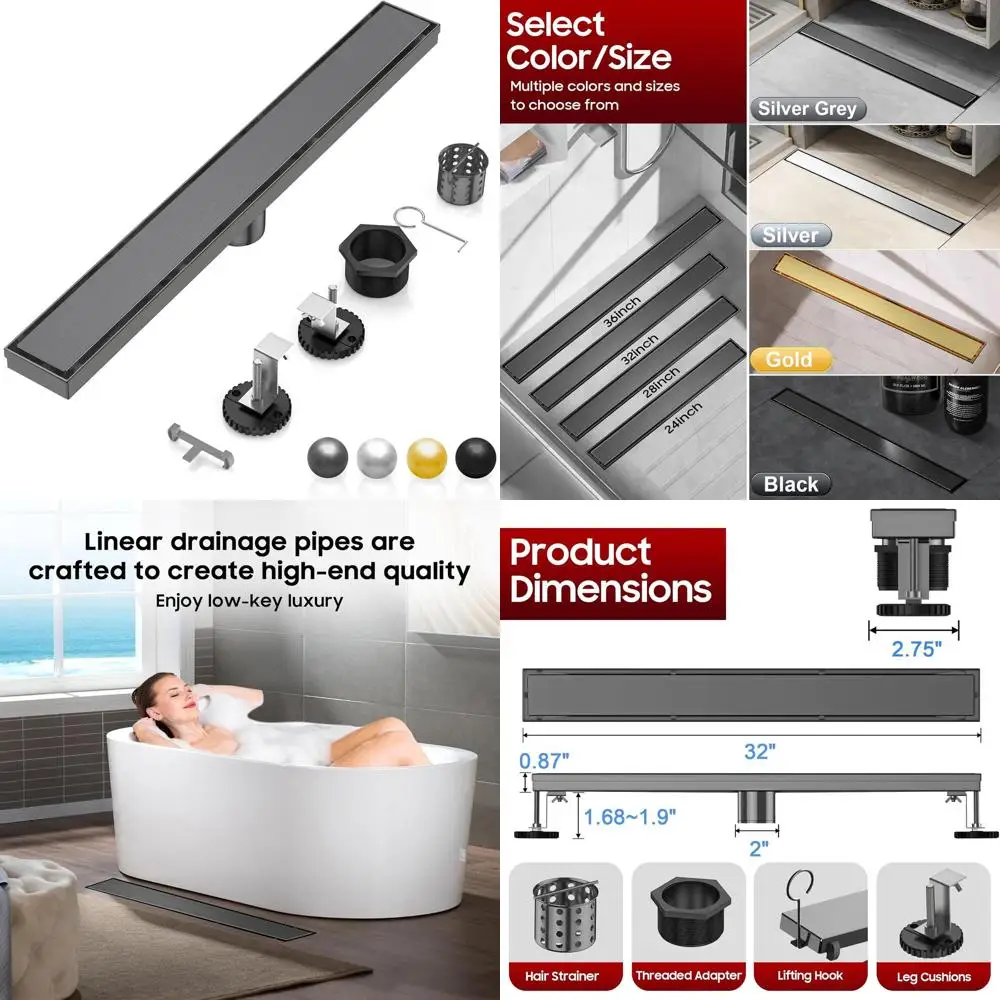 

32 AISI 304 Stainless Steel Linear Shower Drain with Gun Gray Tile Insert and Adjustable Feet for Bathroom and Balcony Use