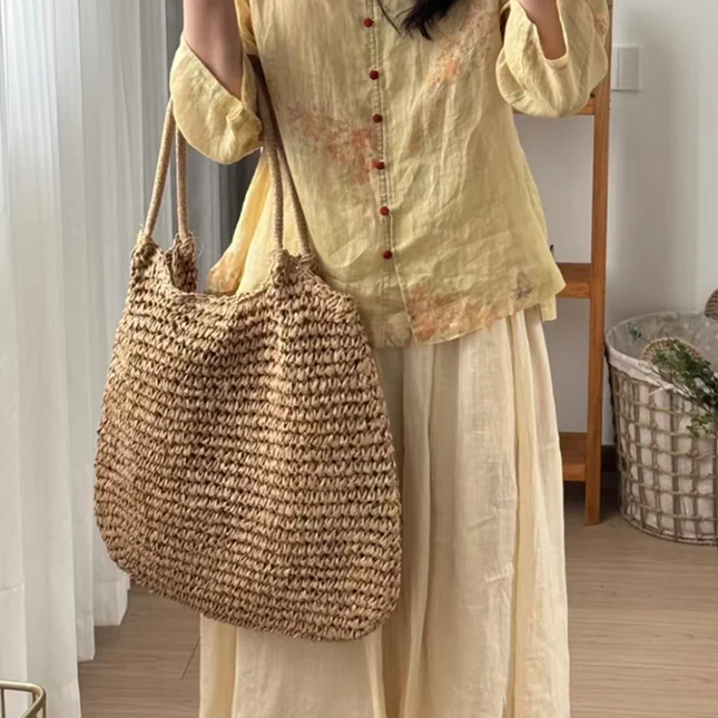 

Solid Color Straw Woven Tote Bag Women Simple Casual Large Capacity Summer Bag,breathable Lightweight For Beach Vacation Travel