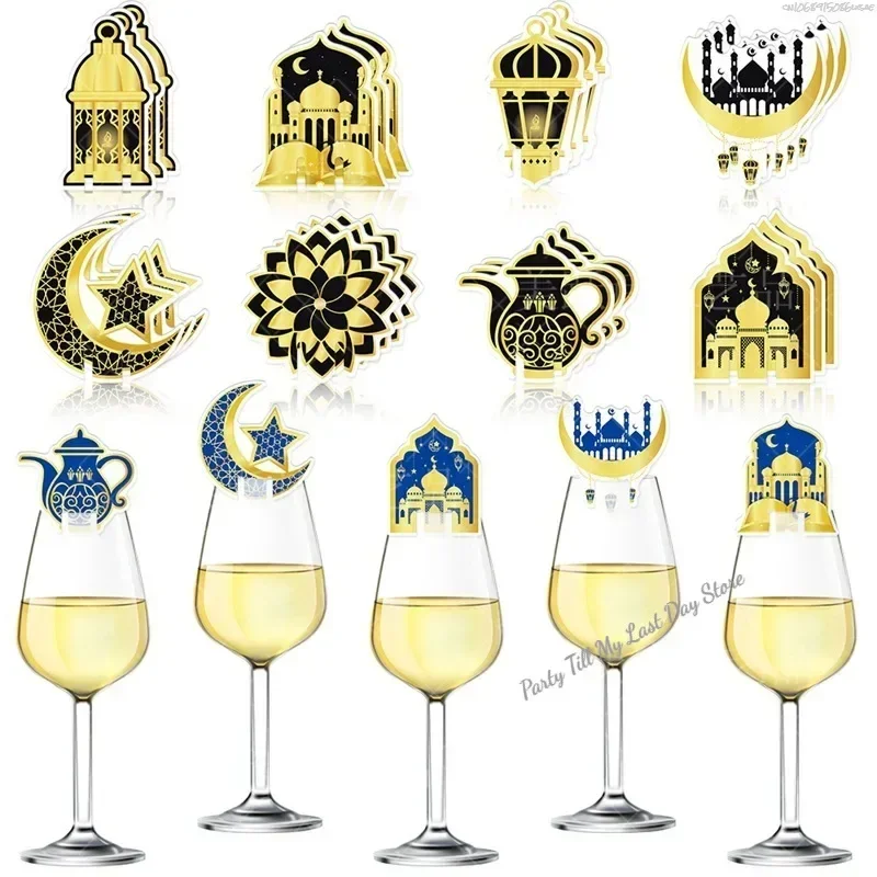 16 unid/set EID copa de vino tarjeta Eid Mubarak decoración Luna Castillo decoración de cristal Ramadán Kareem decoración del hogar 2025 decoraciones del Festival de la Luna