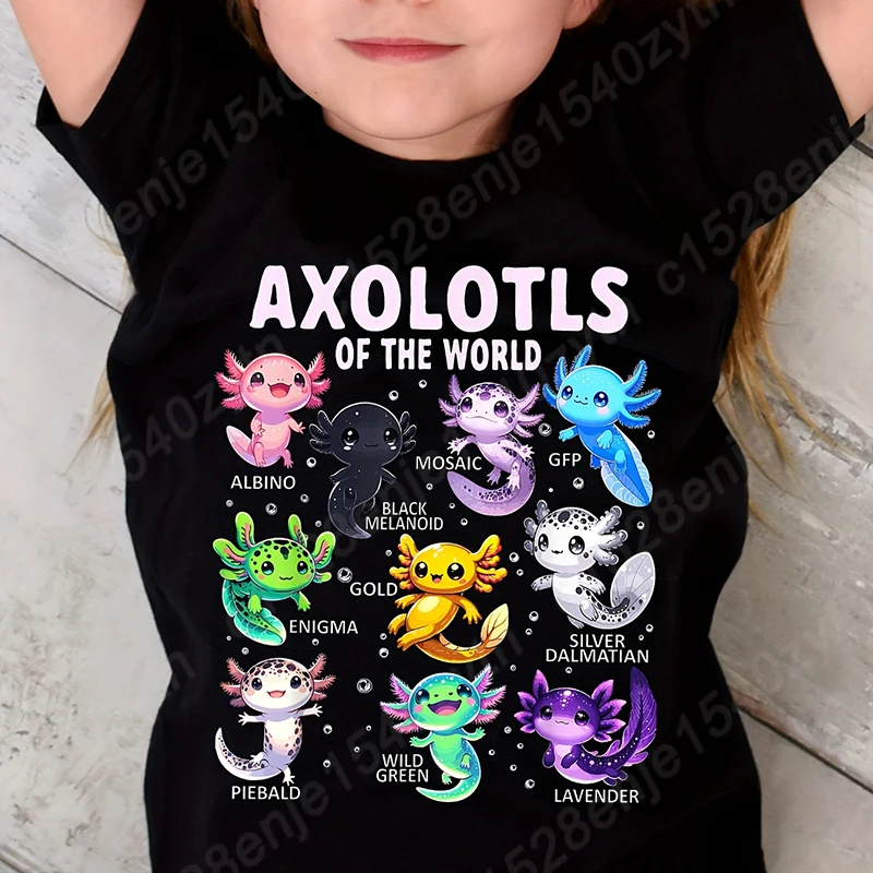 Colorful Cartoon Axolotls Graphic Print Tee, Girls' Casual & Comfy Crew Neck Short Sleeve T-shirt For Spring & Summer