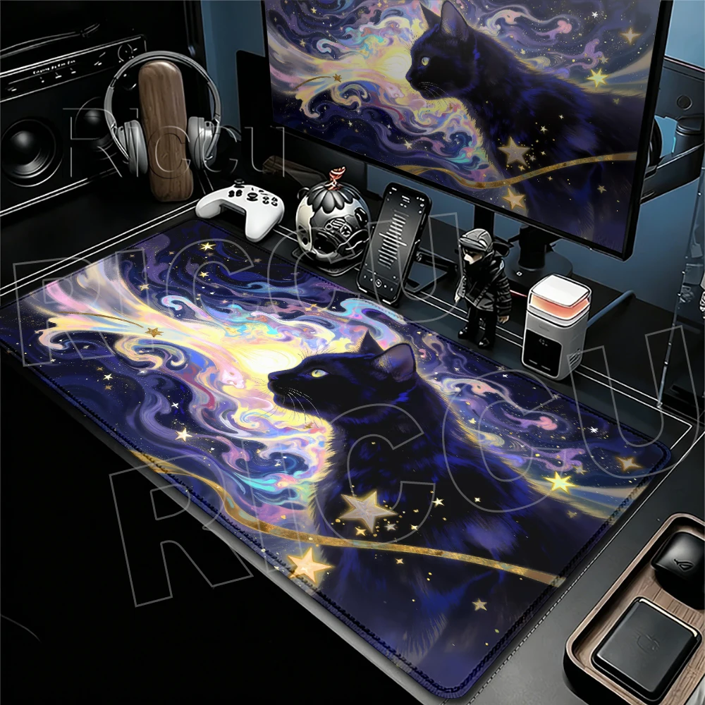 Kawaii Black Cat Mousepads Fast Delivery PC Mechanical Keyboard Desk Mats Lock Edge Extended Carpet Starlit Sky Office Desk Rugs