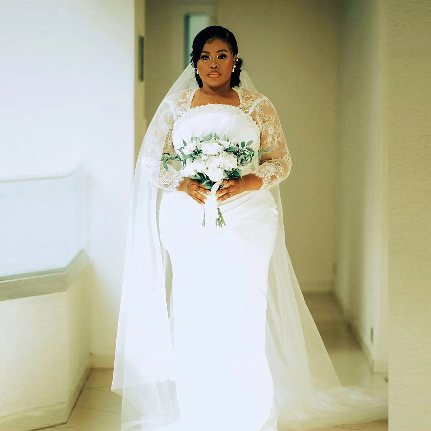 Vestidos de casamento com miçangas e pérolas para mulheres, vestidos de noiva africanos, mangas compridas, plus size, ilusão