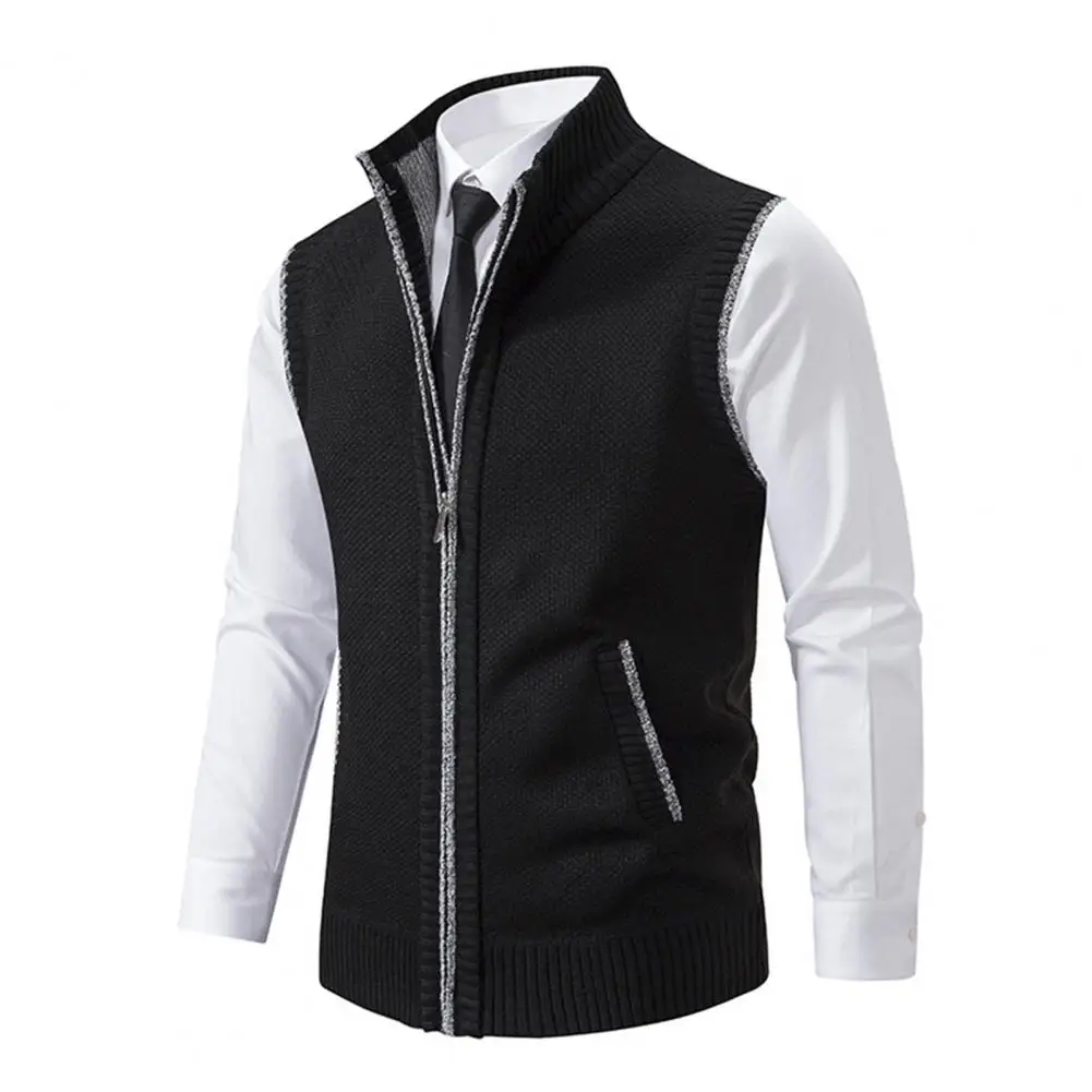 

Warm Men Jacket Stylish Men's Knitted Cardigan Vest Stand Collar Zip Up Sleeveless Slim Fit Warm Casual Mid-length for Autumn