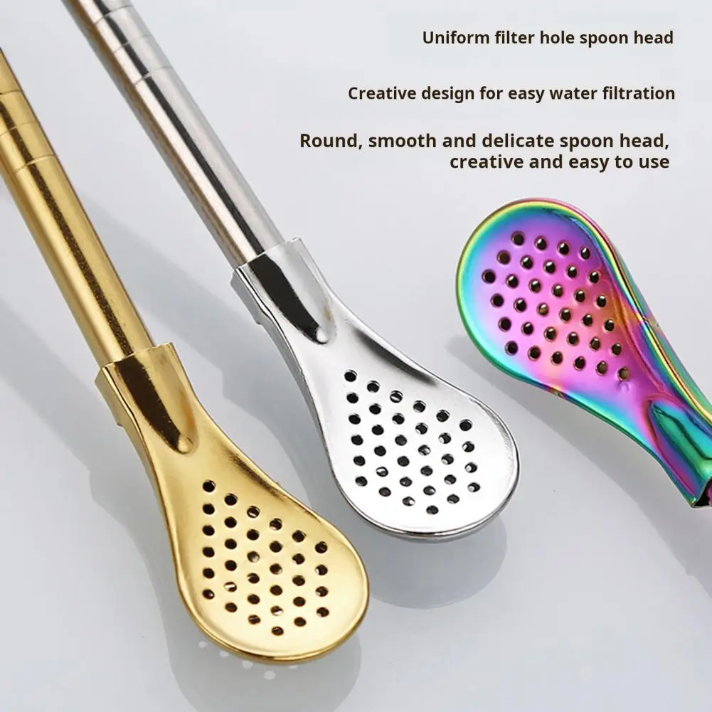 Kitchen Stainless Steel Straw Spoon for Drinks Reusable Tea Filter Stirring Straws Multi-Functional Leak-proof Drinking Straw