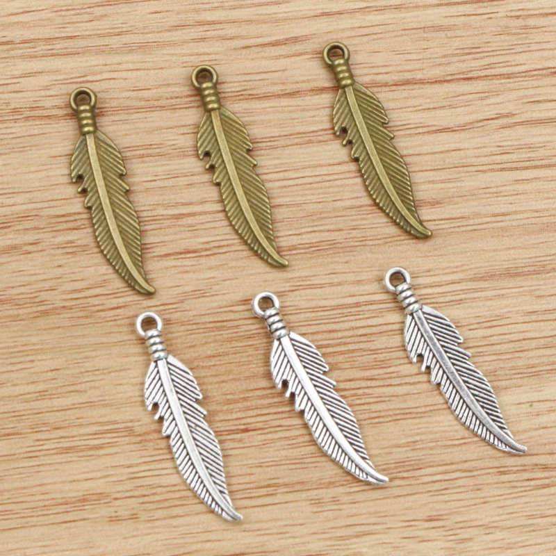 20pcs 27x7mm Feather Charms Tibetan Bronze Antique Silver Color Pendants Antique Jewelry Making DIY Handmade Craft