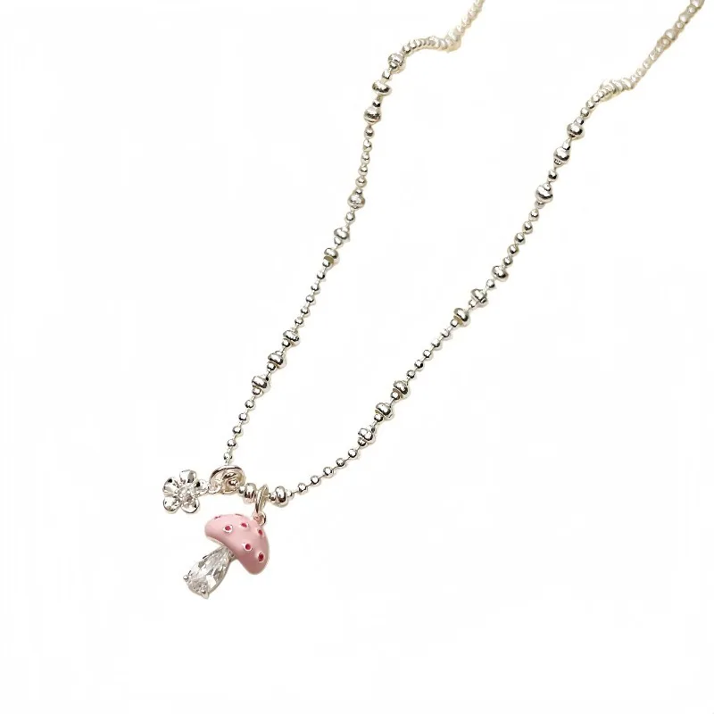 Cute Silver Mushroom Charm Necklace Dainty Beaded Chain Pink Dot Mushroom and Flower Pendant Y2K Fairycore Jewelry Gift