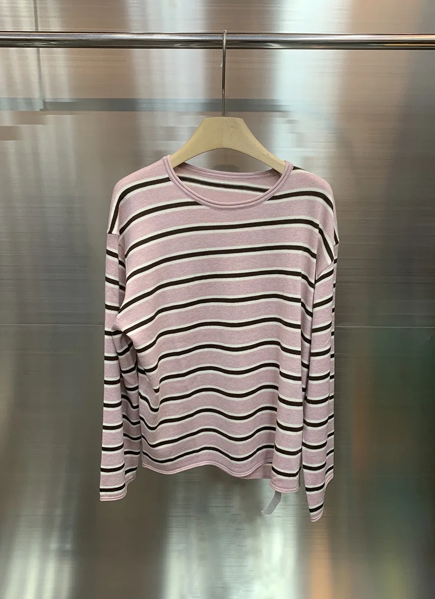 

Sweet Pink Loose Casual Knitted Long Sve round Ne Top Women's Overhead Winter Faion Commute Sle Woolen Stripe Pattern