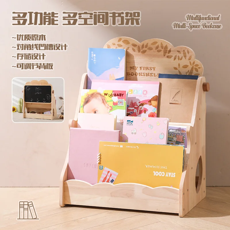 

Multi Purpose Solid Wood Kids Storage Unit with Bookshelf and Blackboard Floor Standing Organizer for Playroom and Bedroom