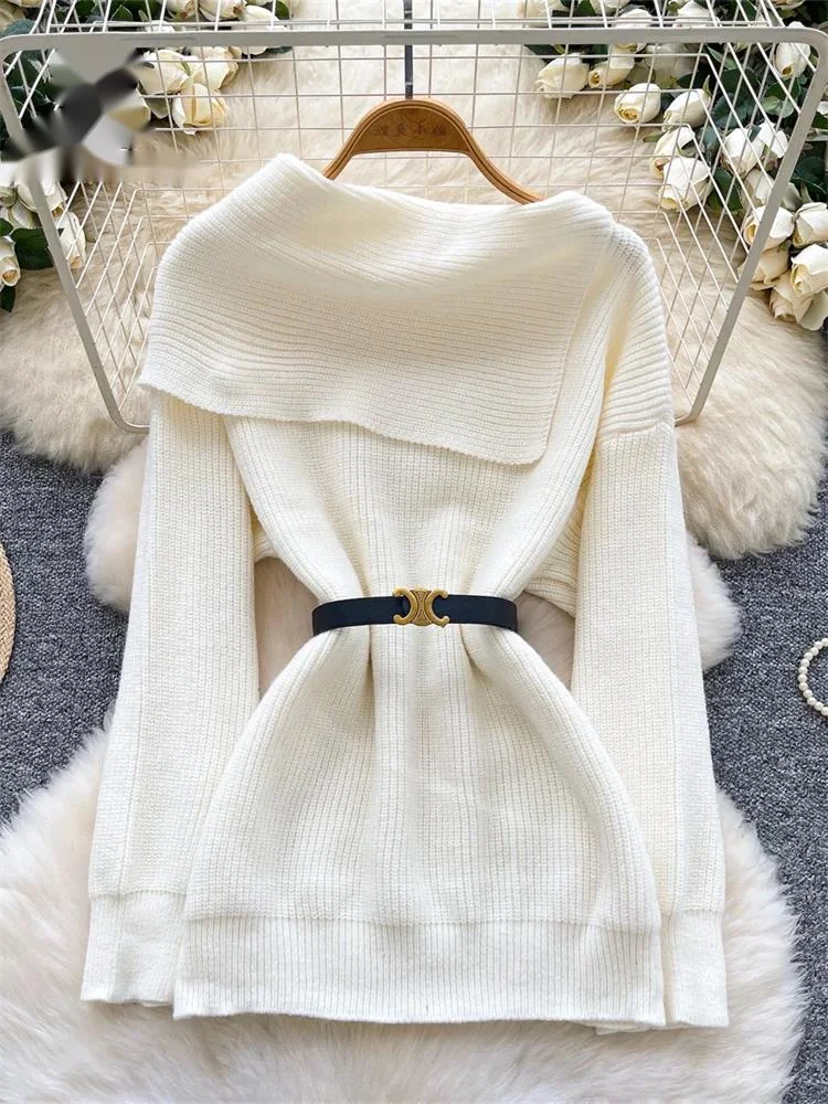 

French Style Workwear Knitted Top Autumn Sashes Long Sleeves Lapel Diagonal Collar Pullover Winter Ins OL Warm Sweater