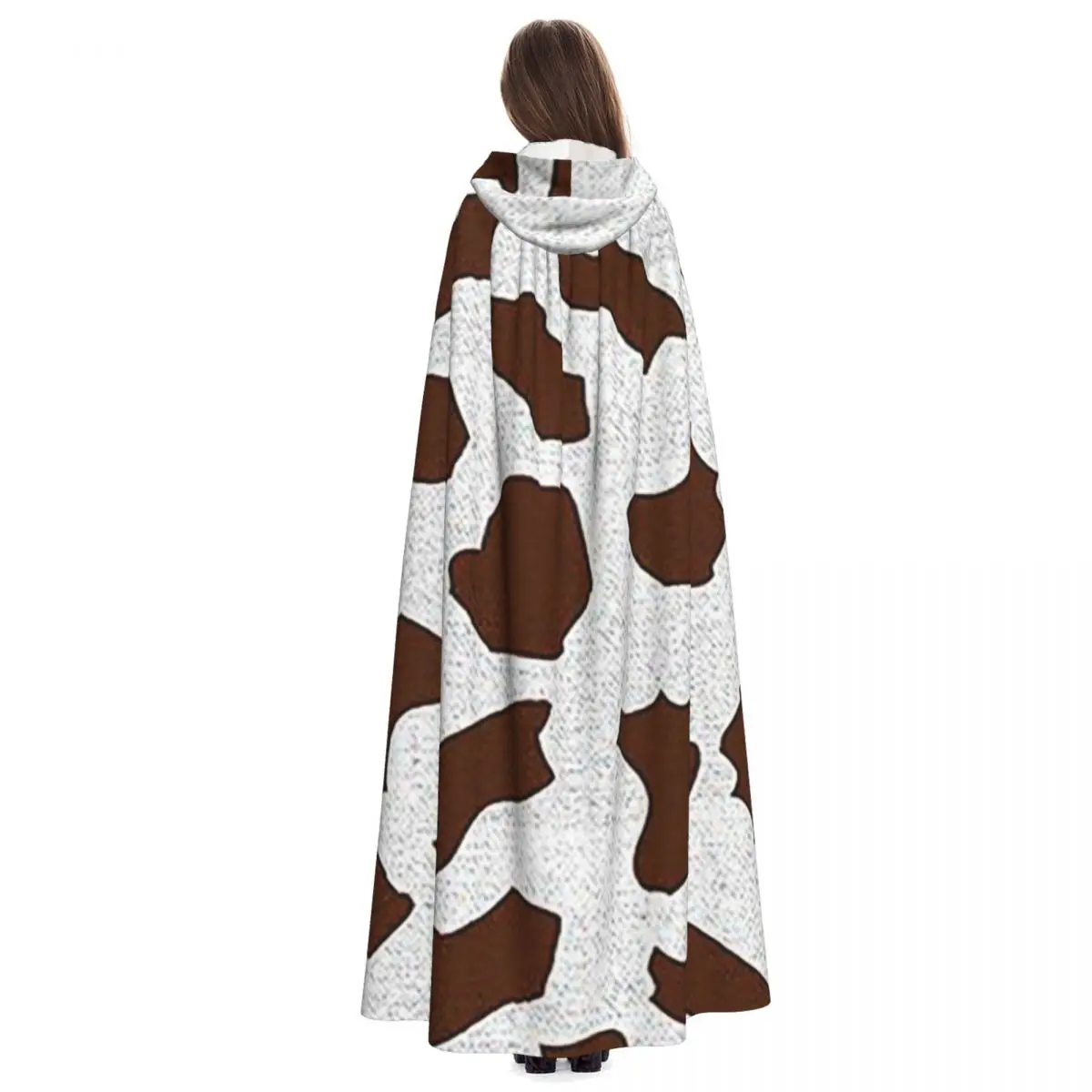 Capa longa com capuz padrão de manchas de vaca marrom, fantasia medieval de bruxa, capa cosplay, casaco de halloween adulto unissex
