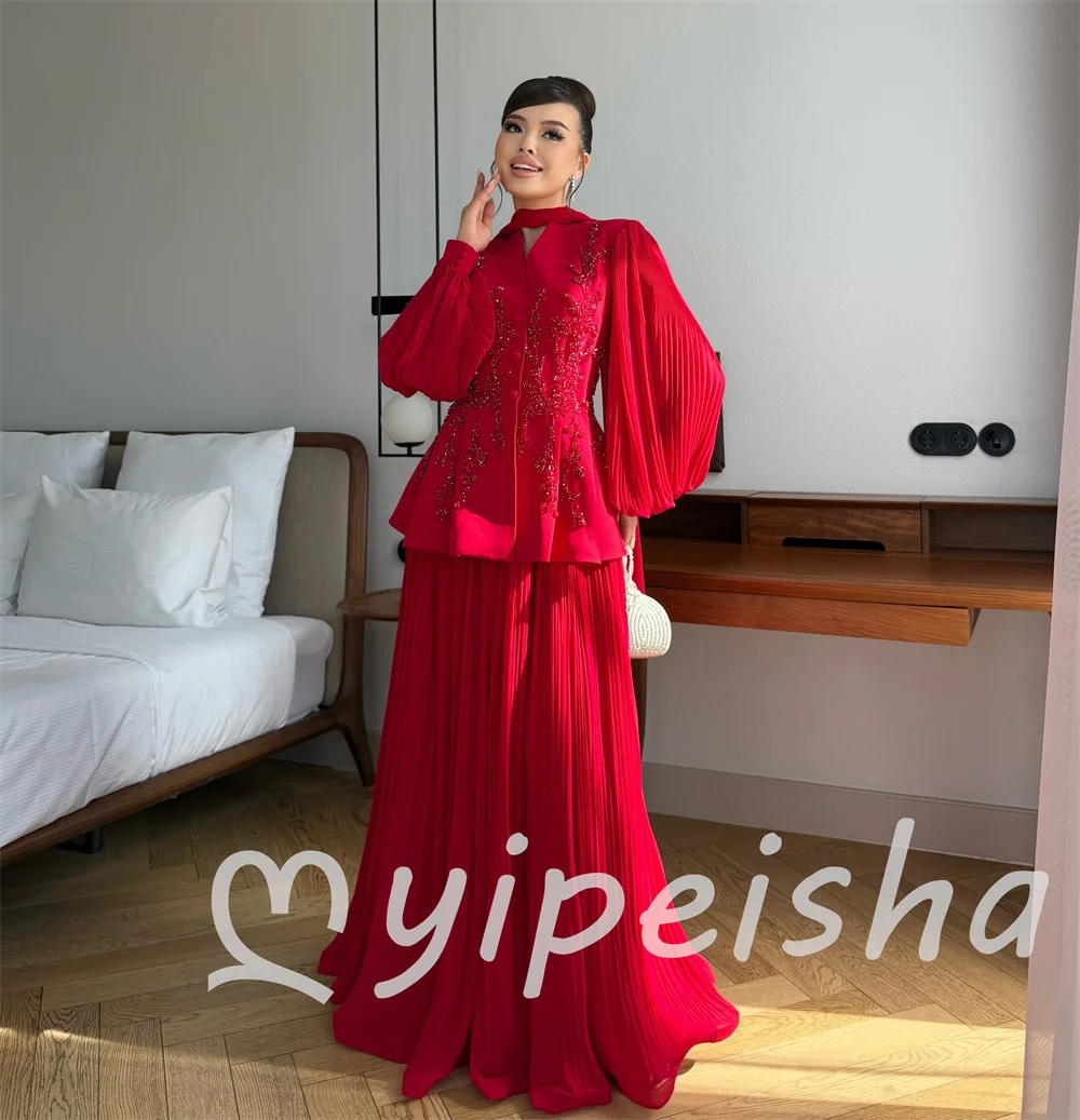 Red Sparkly Jersey Draped Beading Sequined Button Two-piece A-line High Collar Floor-Length Evening Dresses for Woman Customized