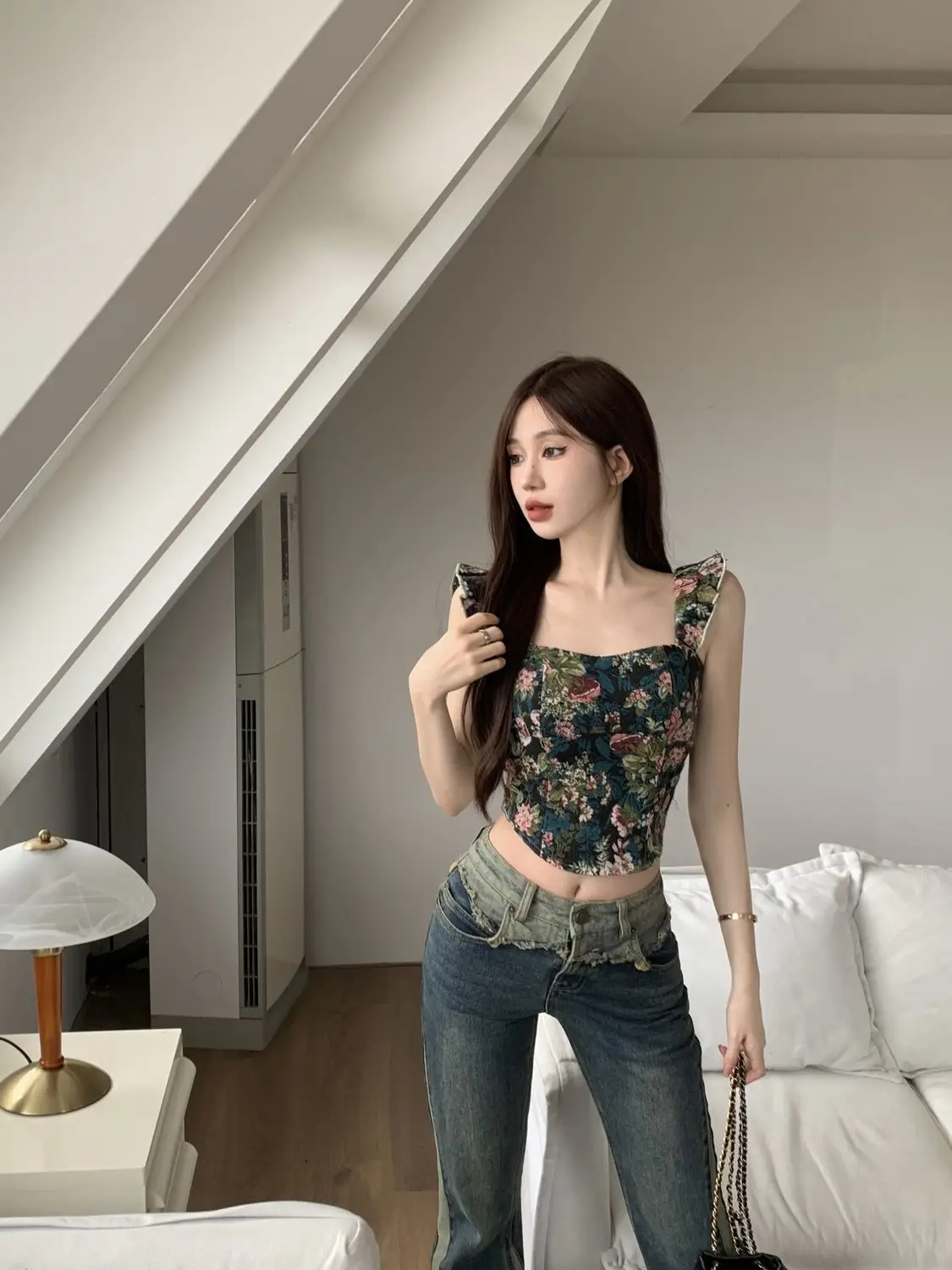 Floral Print French Vintage Vest Women Ruffles Korean Fashion Sexy Tank Top Female Holiday Party Elegant Designer Camis