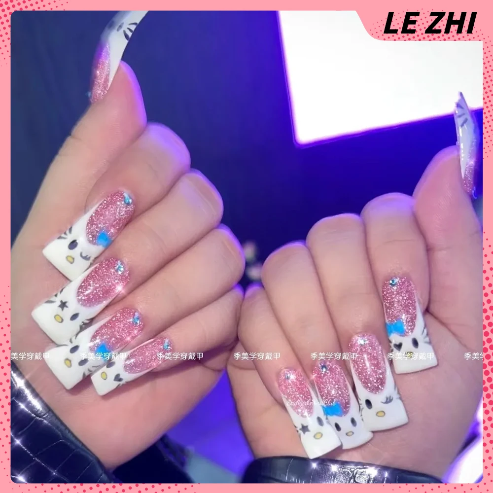 Individuality Duck-bill Shape Hello Kitty Gothic Pure Handmade Fake Nails Pearl Bowknot Diamond Design Anniversary Gift Nail Tip