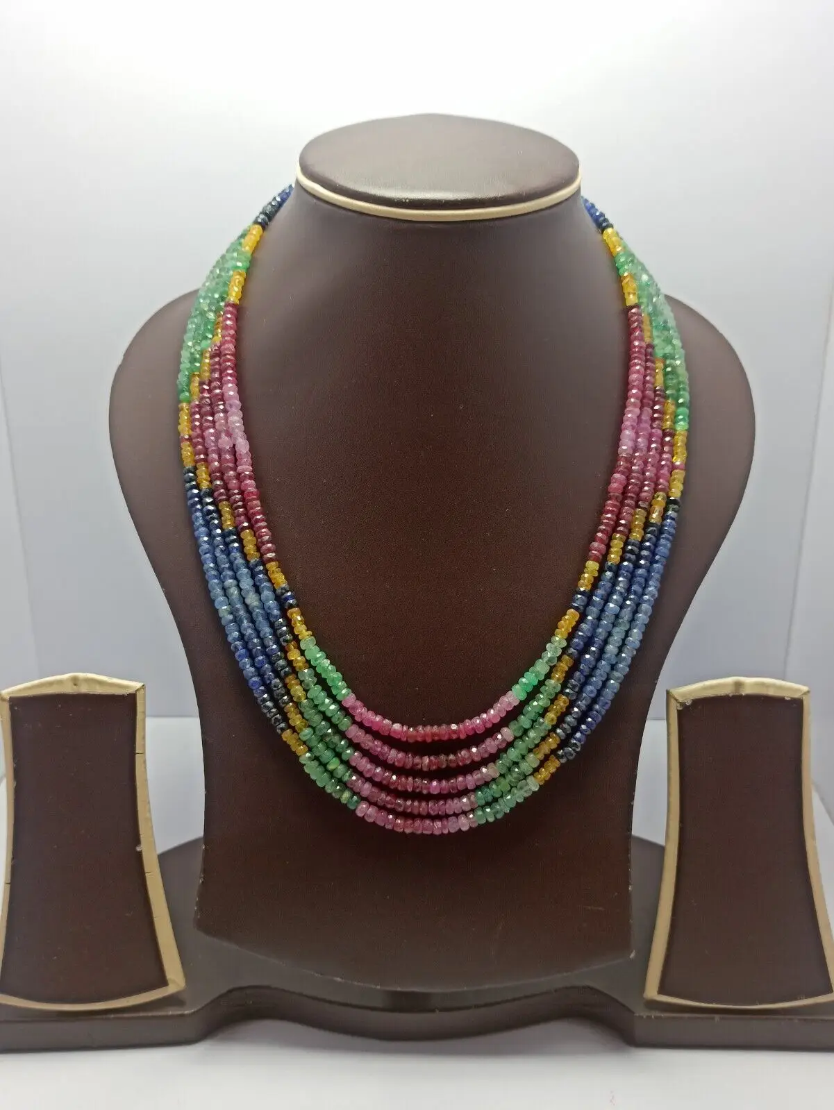 

411 Carat Natural Multi Sapphire Gemstone Faceted Beads 18'' 5 String Necklace