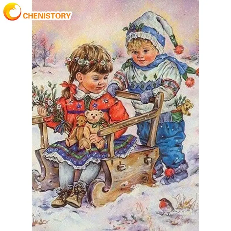 

CHENISTORY Full Diamond Painting Frame Kids In Winter Diamond Embroidery Gift For Adults Paint Kit Home Decors DIY Crafts Mosaic