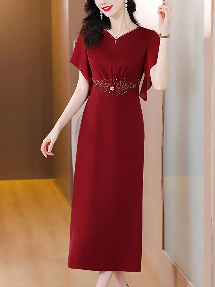 Women Red Silk Satin Luxury Prom Dress Summer Short Sleeve Chic Diamond Dress 2024 Long Evening Party Dress Elegant Wedding Robe