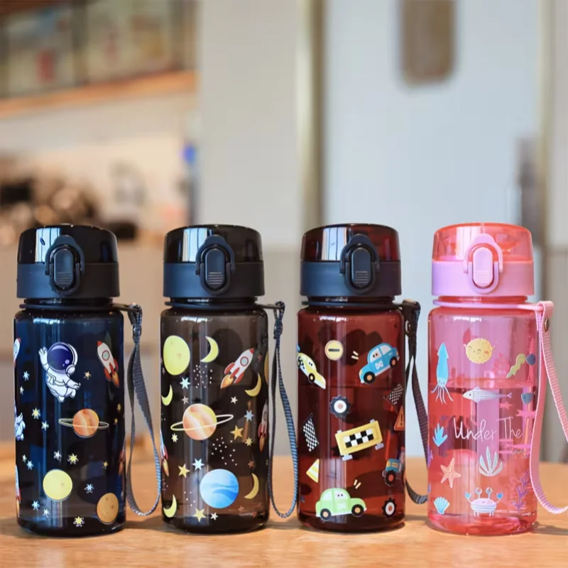 400ml 3D Printed Cute Pattern Portable Water Bottle with Carrying Strap, Outdoor Sports Water Bottle with 3D Design