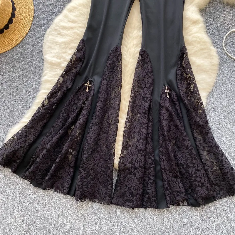 Women New Loose Casual Fashion Simple Yankee Premium Niche Design Sense Pure Color Lace Net Yarn Extravagant Flared Trousers