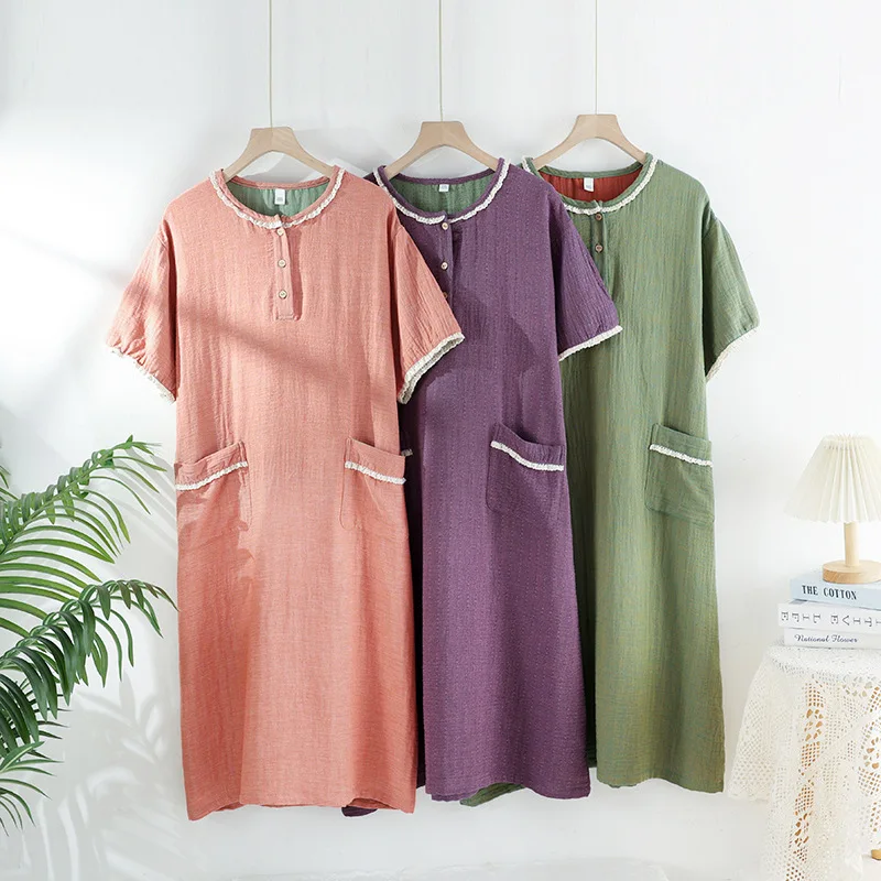 

Gauze Cotton Nightgown Women Nightwear New Thin Summer Pajamas Dress Home Loose Short Sleeve Sleepwear Sleeping Dress
