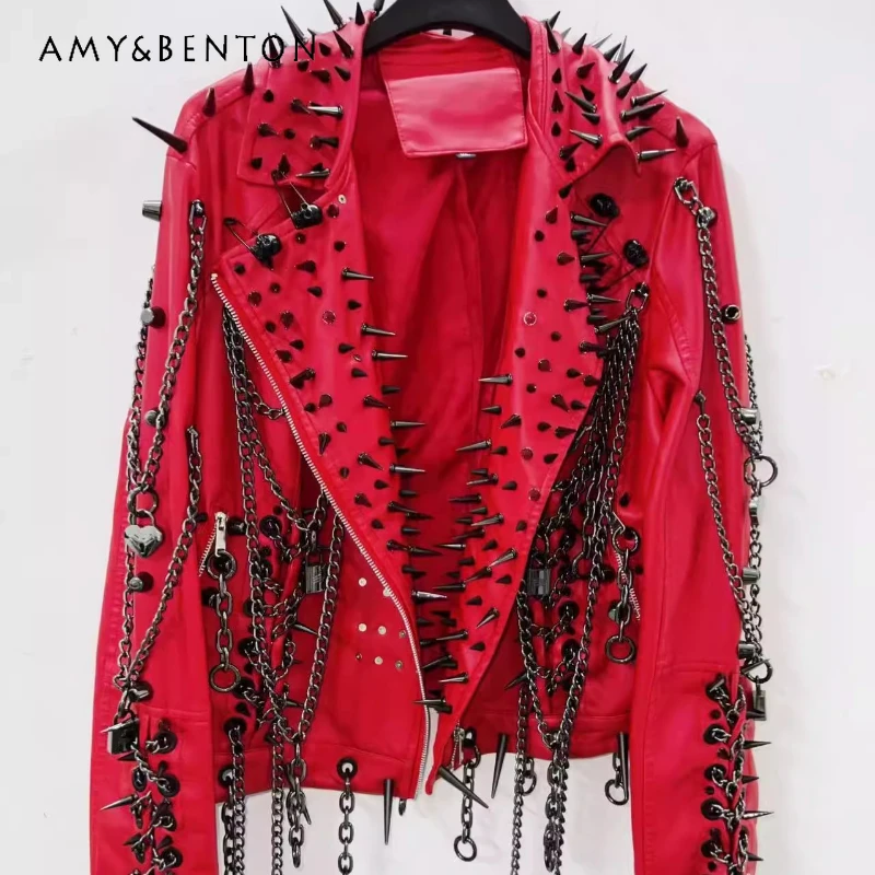

Original Design Gothic Red Rivet Women's Leather Coat 2025 New Punk Rock Sweet Cool Fashion Style Versatile Loose Jacket Ladies