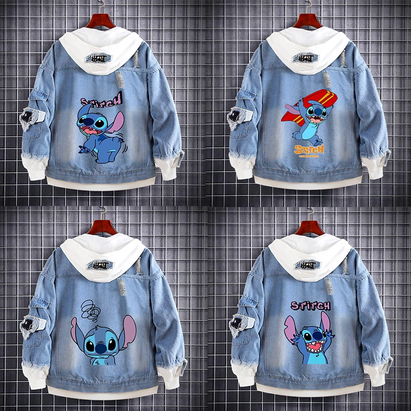 Disney Stitch Kids Denim Hooded Jacket Anime Print Cartoon Cute Casual Sport Loose Jacket Top Boy Girl Jacket Design