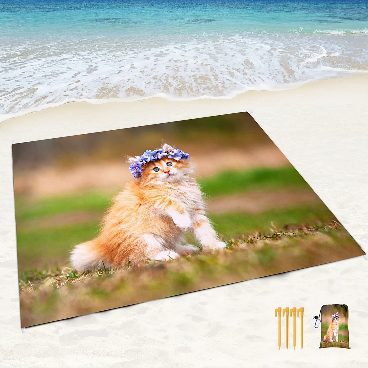 Beach Blanket Waterproof Sandproof,Orange Cat With A Garland Lightweight Beach Mat,Portable Picnic Mat,SandProof Mat for Travel