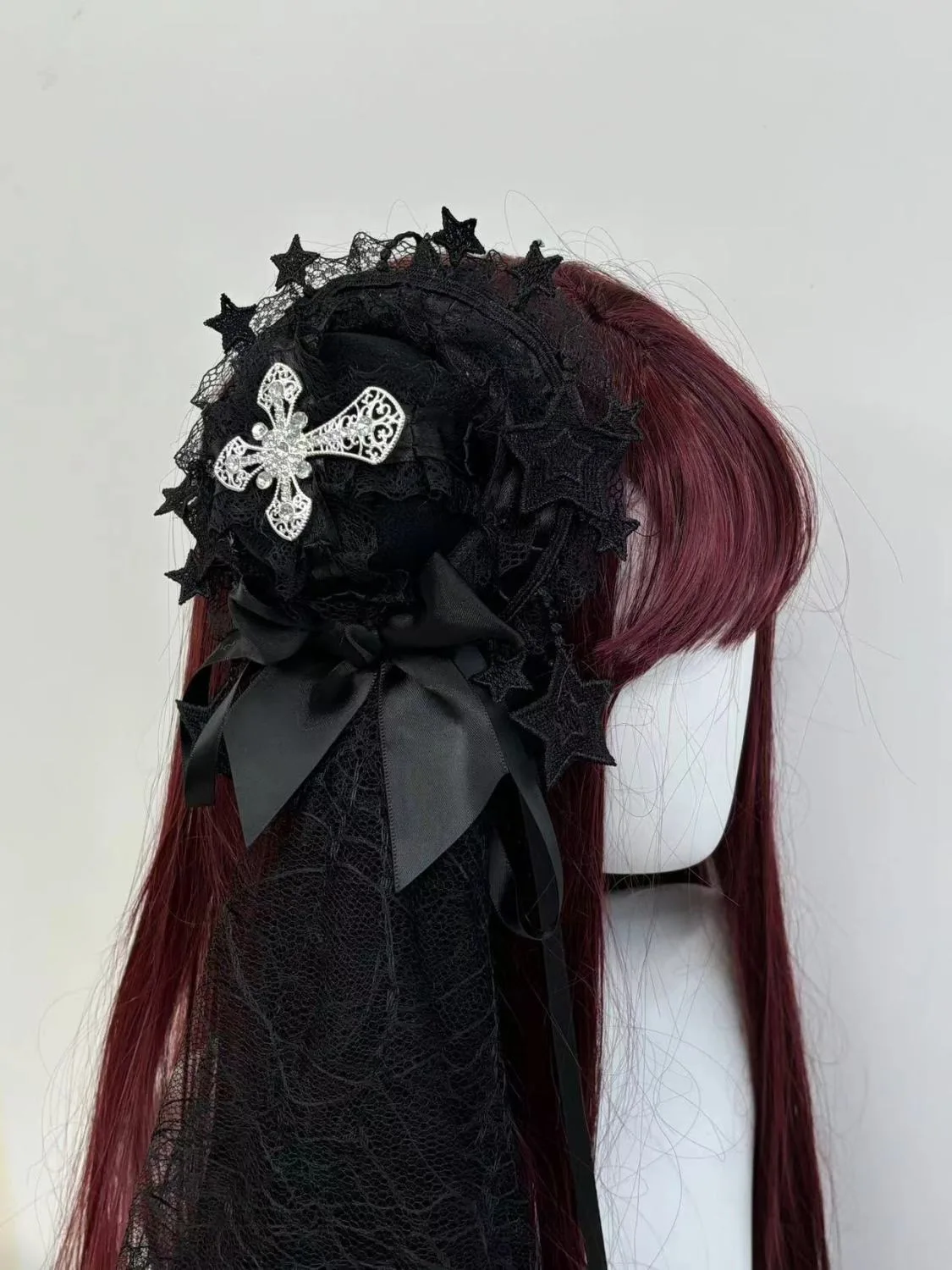 Elegante Y2K Spitze Kreuz Stern Hut Haarspange mit Schleife Mode Anime Kostüm Hut Haarspange Maskerade Party Dress Up Kopfbedeckungen