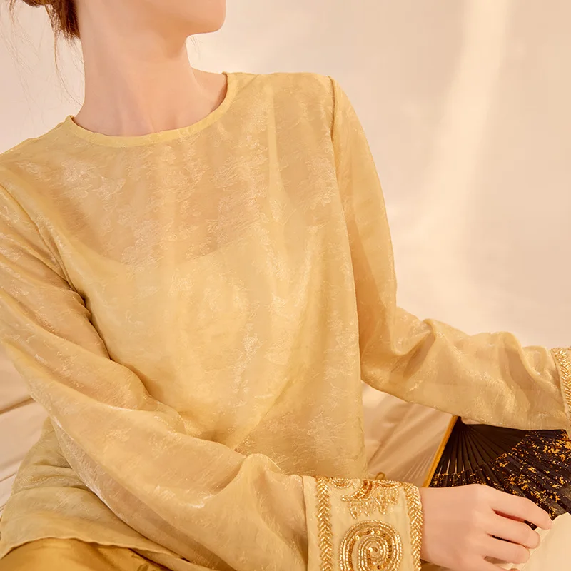 UMI MAO Chinese Style Top Autumn New Nail Bead Embroidered Long Sleeved Top Women's Clothing, Thin New Chinese Style Silk Shirt