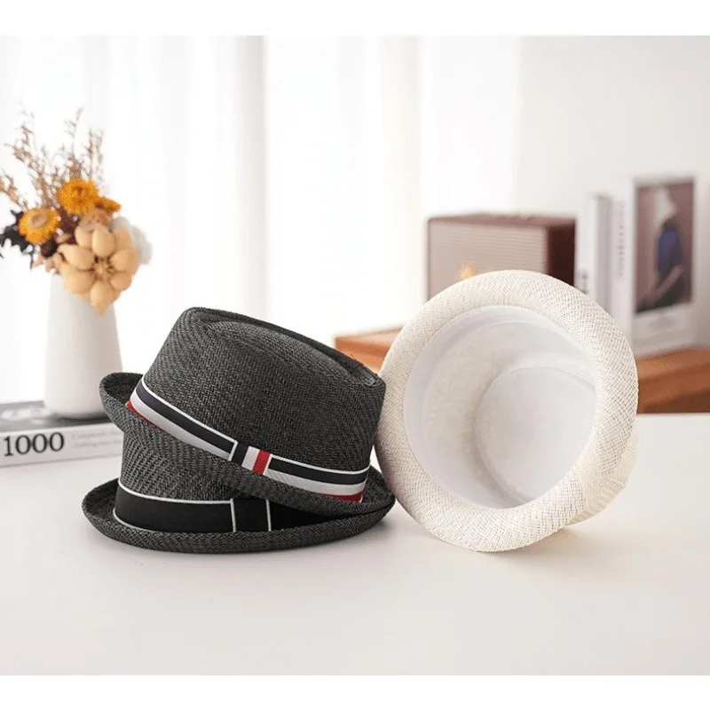 A Top Hat with a Black Woven Ribbon and a Short Brimmed Straw Woven Breathable Sun Shading Jazz Hat in British Style