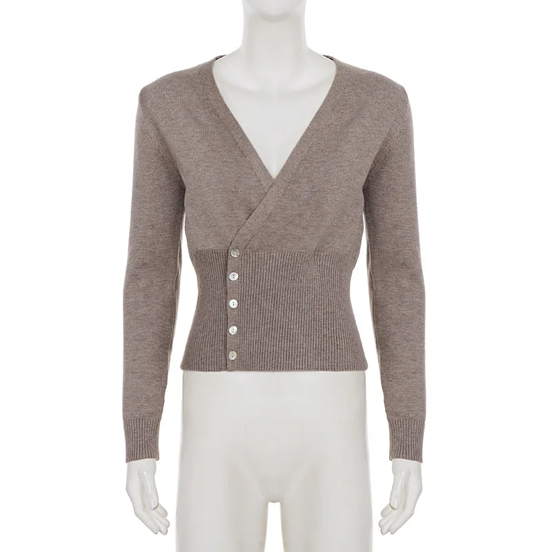 Maglione da donna con fibbia in vita con scollo a V incrociato cardigan moda autunnale