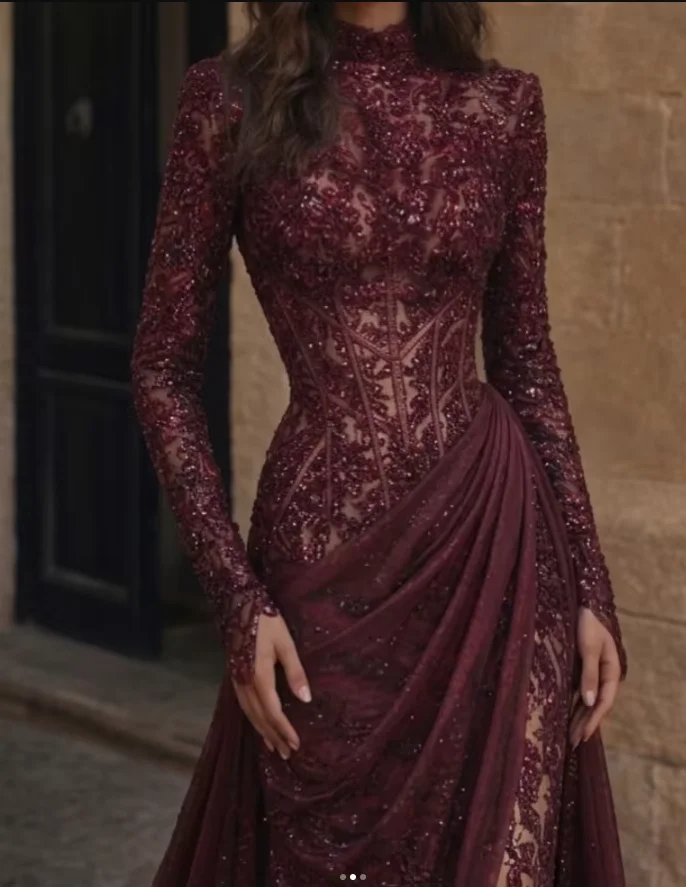 Customized Luxury Lace Sequins Prom Gown High Collar Long Sleeve Evening Dress Pleat Soft Long Formal Beads Party Dresses image 4