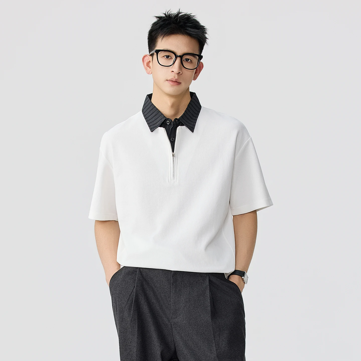 

Splice Stripe Collar Zipper T Shirt Men Loose Casual Fashion Vintage Short Sleeve Polo Shirts Male Streetwear Tshirt Tops