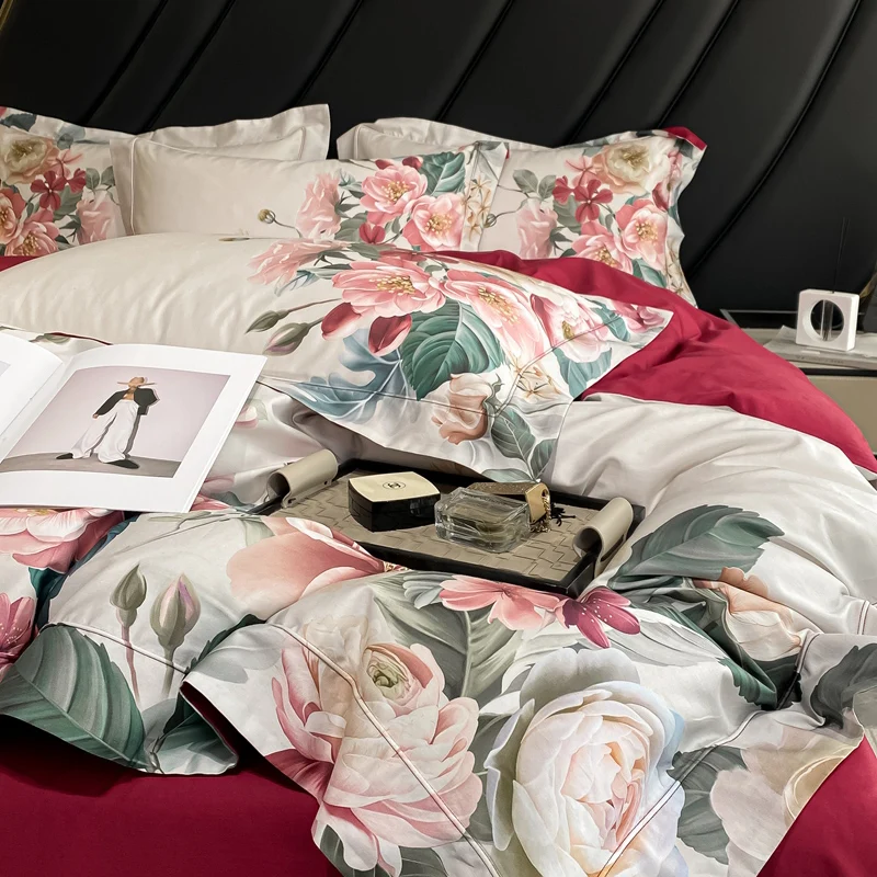 High Definition Flowers Printing Bedding Sets Luxury 4pcs Egyptian Cotton Duvet Cover Bed Sheet Pillowcases King Queen Size