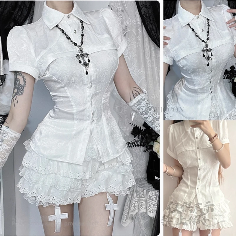 

Y2K Jirai Kei Style Sweet Short Sleeve Shirt Top White Lace Blouse Puffy Skirt Girl Set Dress Womens Outifits Halloween New