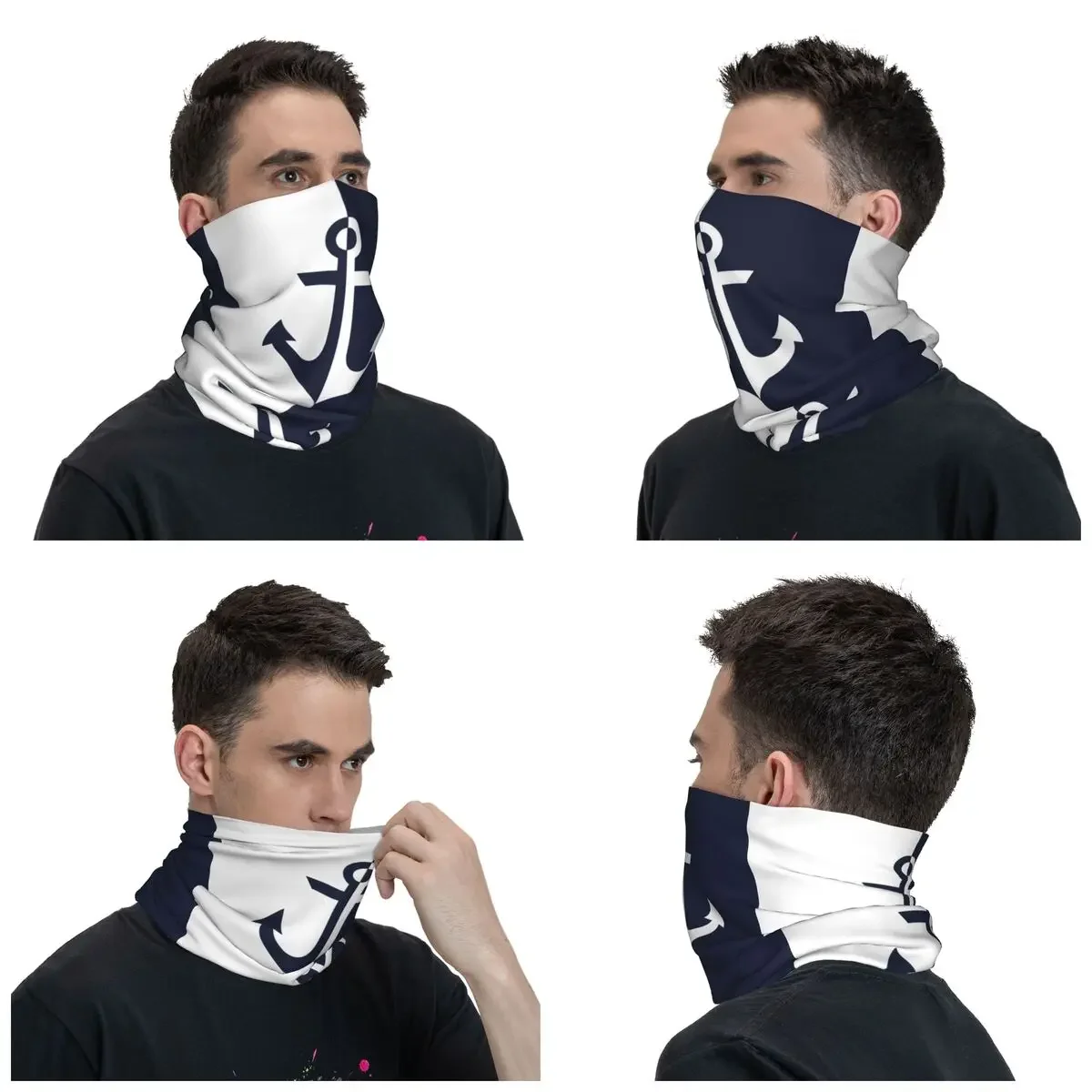 Nautical White Navy Blue Anchor Neck Gaiter Women Men Windproof Winter Bandana Scarf for Hiking