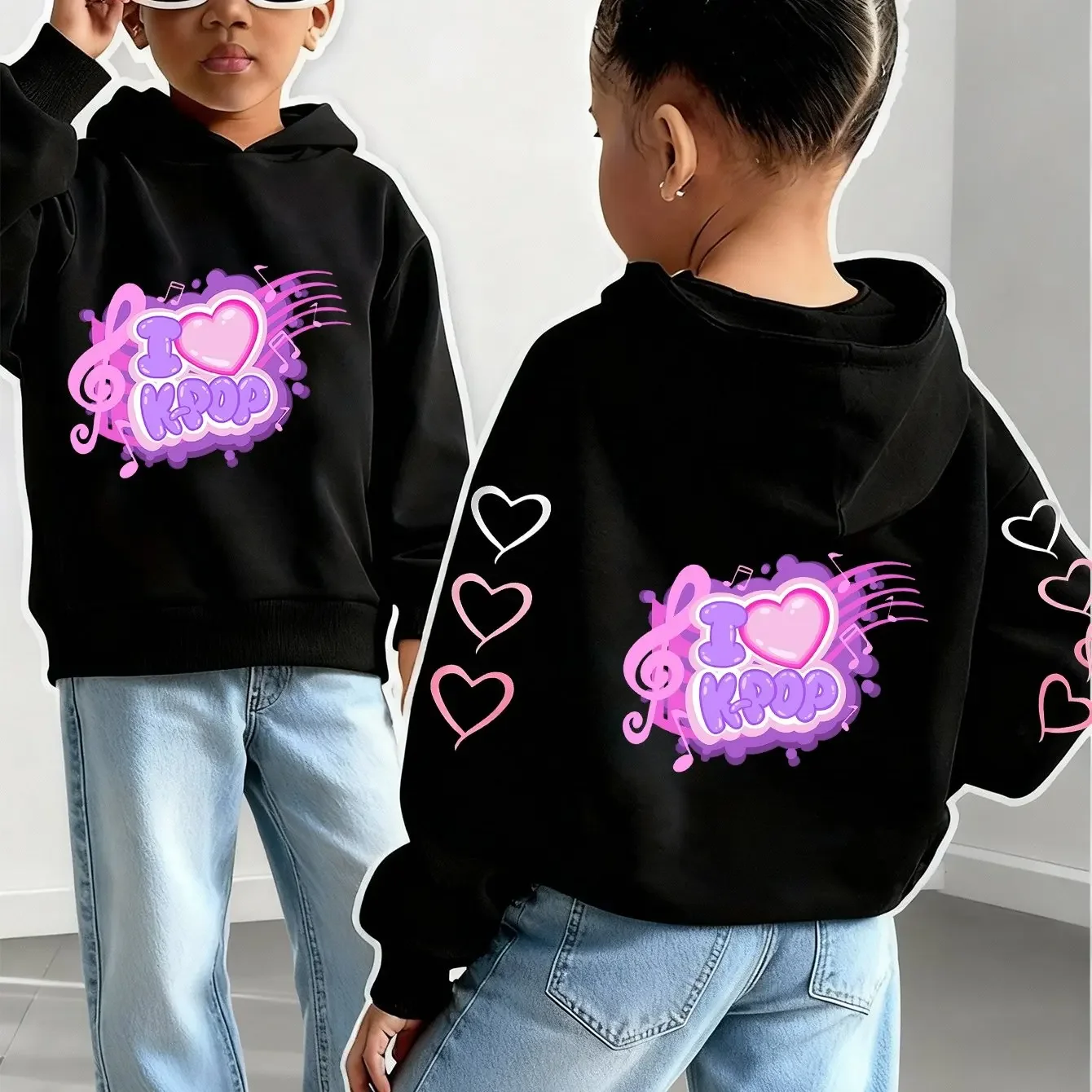 Kids I Love KPOP Hoodie Music Graphic Heart Print Pullover Sweatshirt Boys Girls Korean Style Streetwear Casual Spring Autumn