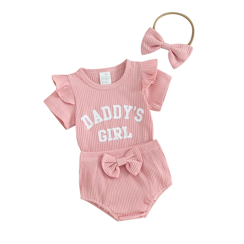 Летняя одежда для маленьких девочек, комбинезон в рубчик с буквенным принтом и короткими рукавами и шорты, милая повязка на голову, одежда из 3 предметов